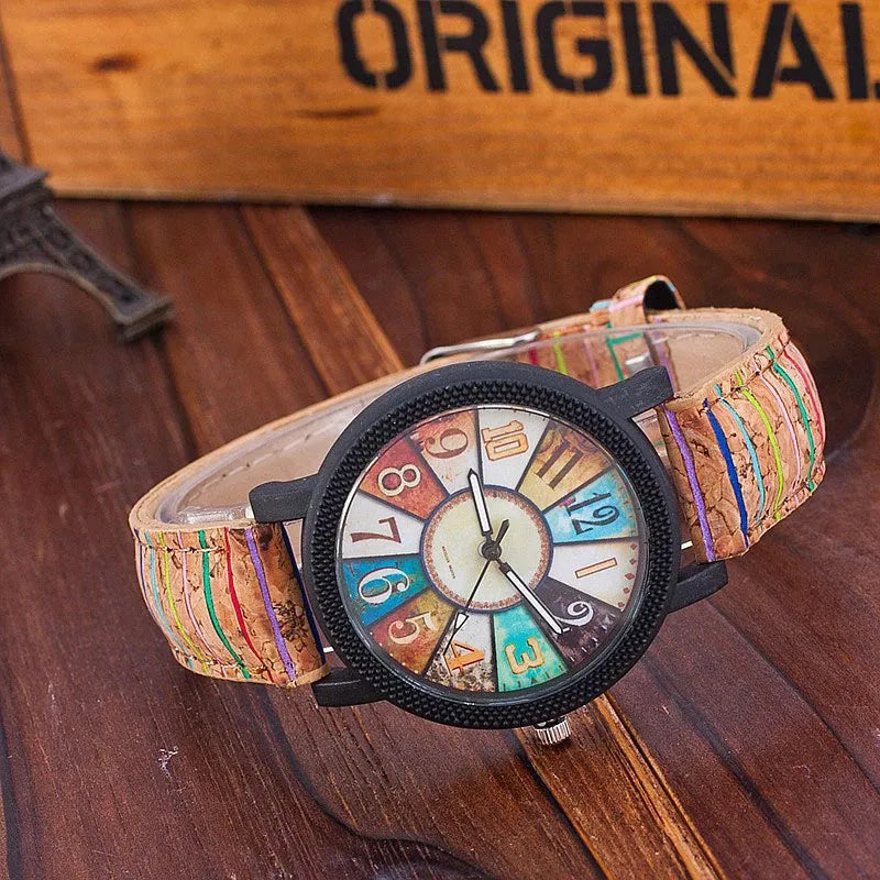 Women's vintage casual quartz watch with brown leather strap and 37mm round silver dial