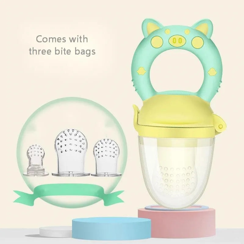 Silicone baby teether chew toy in blue, green, and pink colours showing textured surfaces