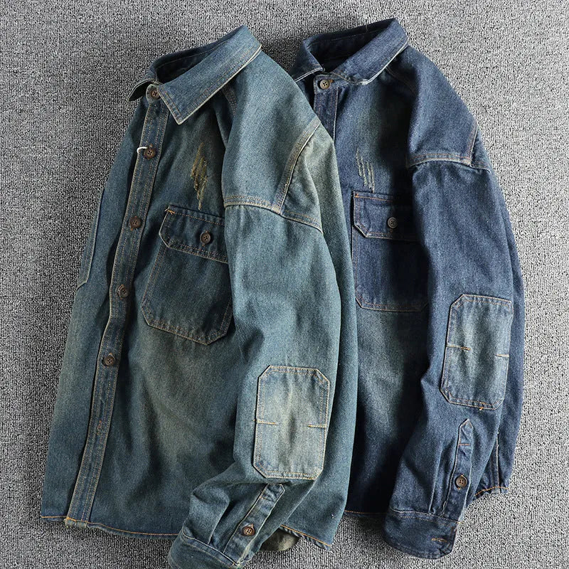 Men's light blue loose fit vintage denim shirt with long sleeves and cardigan style