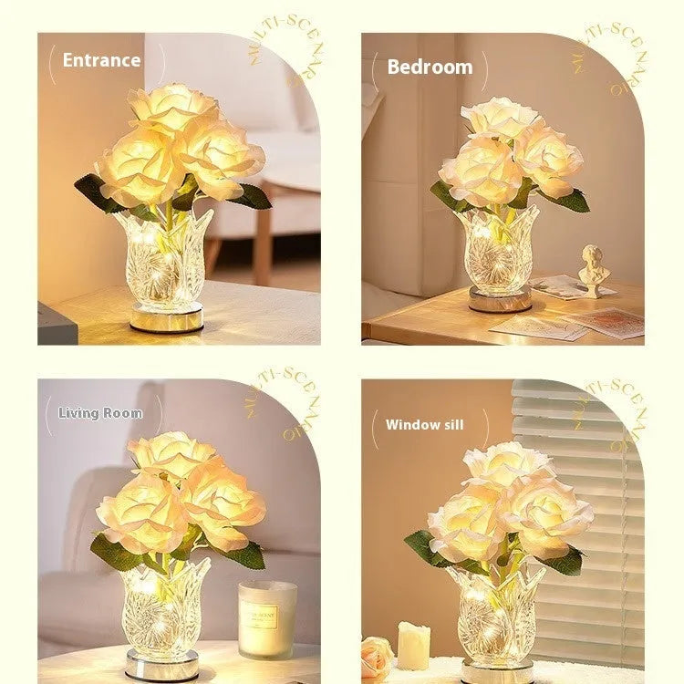 Crystal flowers table lamp with touch dimming controls and USB charging port