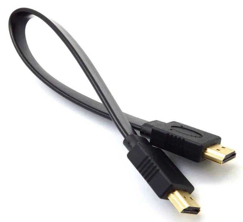Flat HDMI cable with gold-plated connectors showing length options from 0.3 to 10 metres