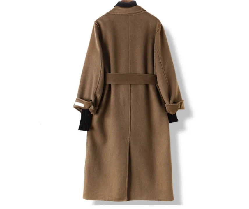 Men's wool coat with long suit-style collar in black or caramel colour