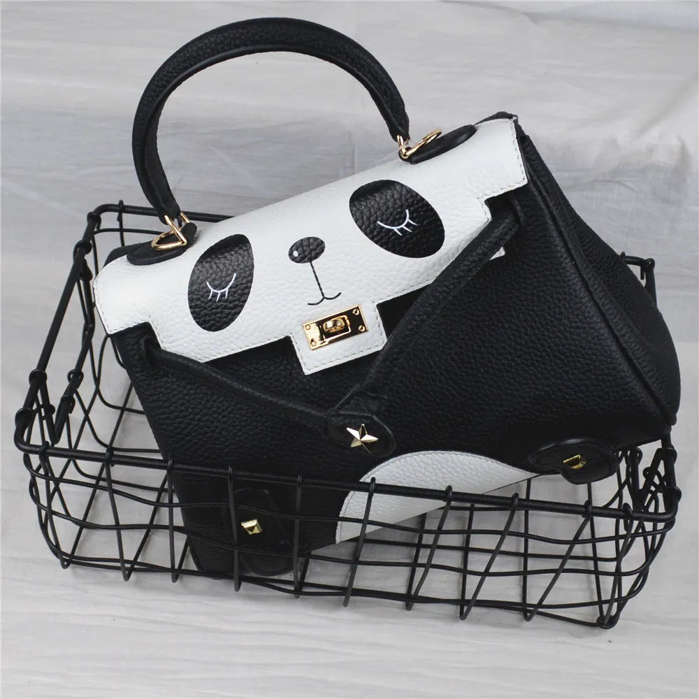 Panda print cow leather handbag in horizontal square shape