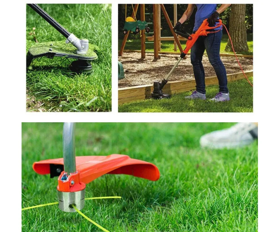 Silver aluminium Luzhu grass trimmer replacement head with four light yellow nylon ropes and a wrench.
