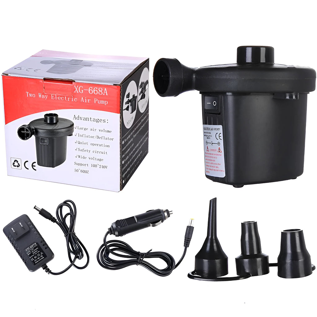 Electric dual-purpose air pump with plastic body, 1-metre power cord and 8-centimetre inflatable tube for household and car use