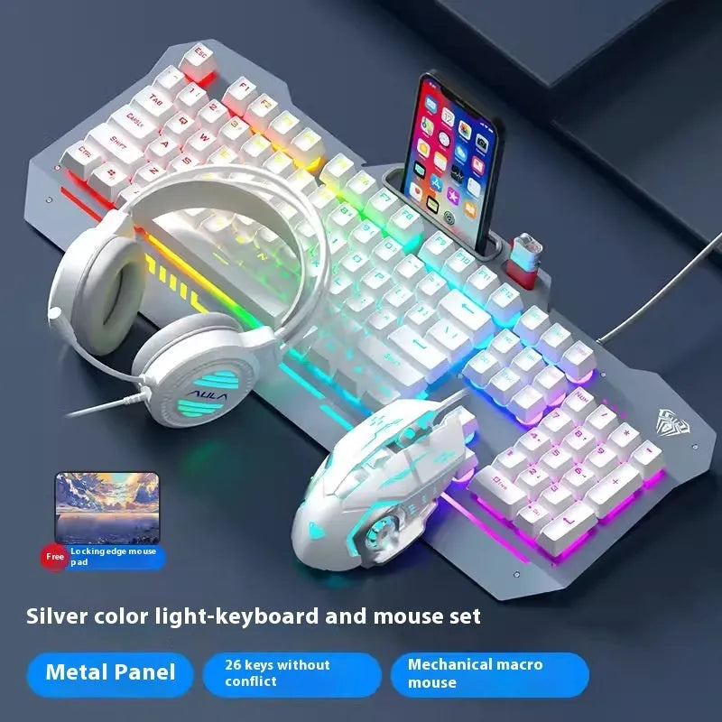 Black and white wired mechanical-feeling keyboard mouse headset bundles with RGB or blue backlighting
