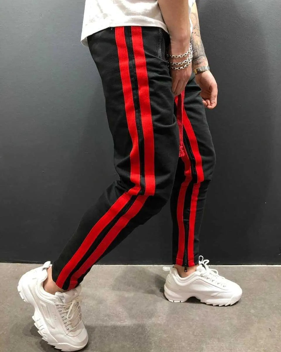 Men's cotton blended micro-elastic zipper casual trousers in black, tapered leg style