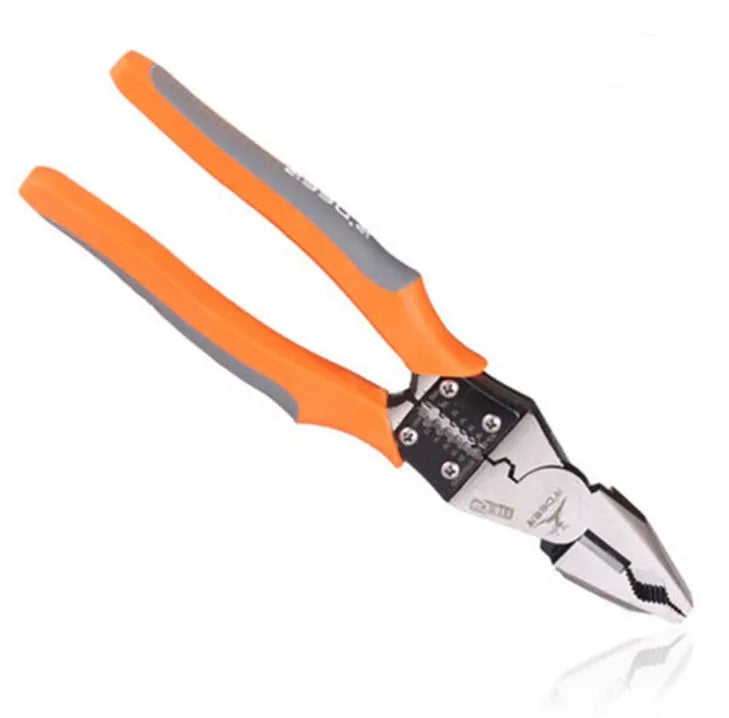 Orange-handled 9-inch multi-function wire cutter pliers with alloy steel clamp head.