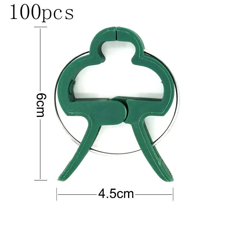 Green plastic and zinc plant fixing clips for supporting tomato vines and climbing plants in the garden.
