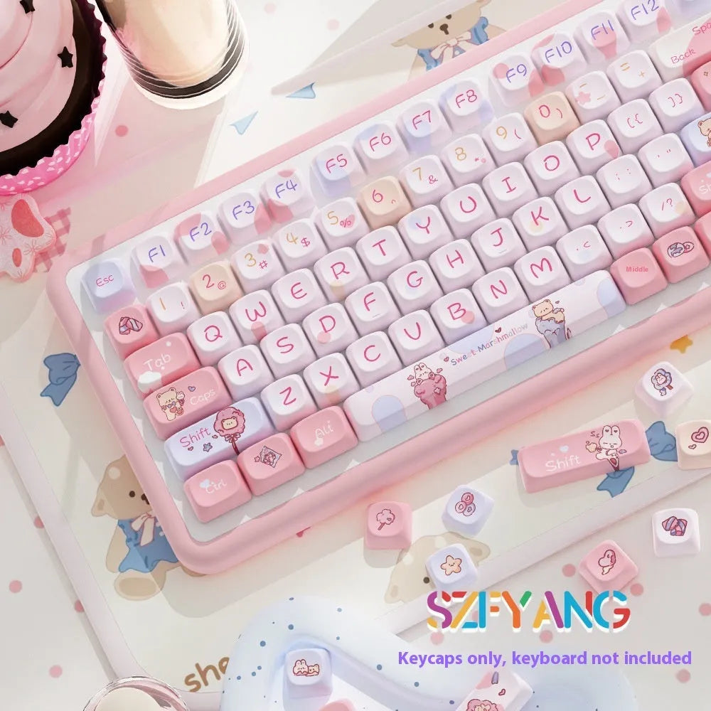 Sweet cotton candy coloured mechanical keyboard keycaps arranged in complete 112-key and 120-key sets