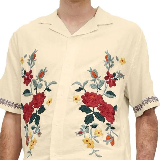 Men's apricot-coloured summer shirt with vintage floral pattern, short sleeves, and lapel collar