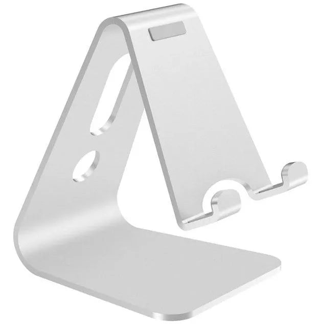 Aluminium alloy universal phone and tablet holder stand in silver, shown holding a smartphone at an angle.