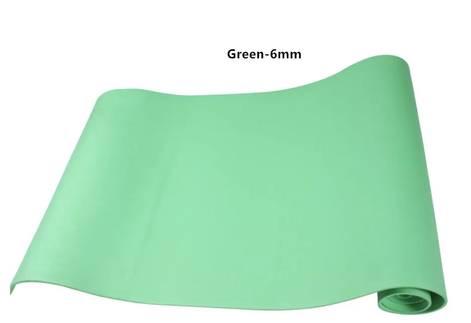 EVA yoga mat in blue showing thickness options of 4mm and 6mm with non-slip texture