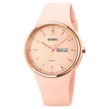 Women's quartz watch with silicone strap in multiple colours showing 42mm dial and stainless steel buckle