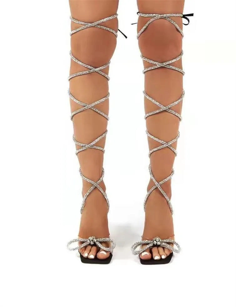 Plus size women's strappy sandals with Roman rhinestone decorations and square open toe in three colour options