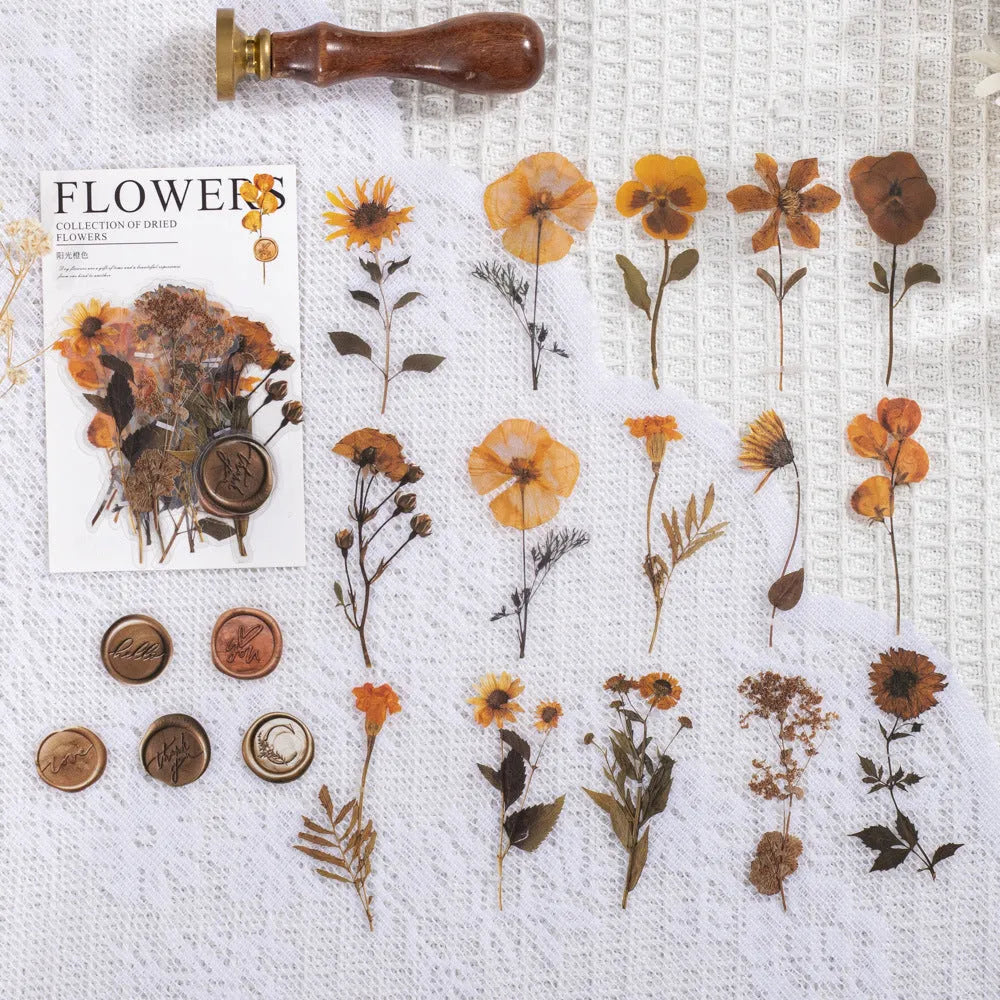 Pack of 40 decorative dried flower design sticker sheets in eight colours including purple, blue, and orange.