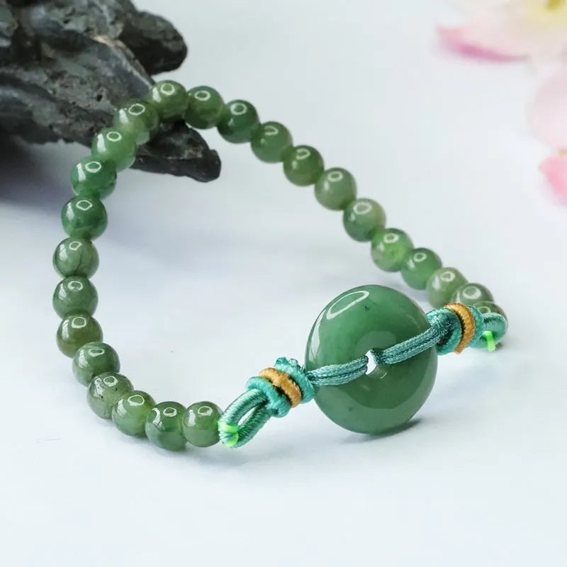 Natural emerald jade safety buckle bracelet with star-shaped buckle, 6mm green beads on adjustable cord