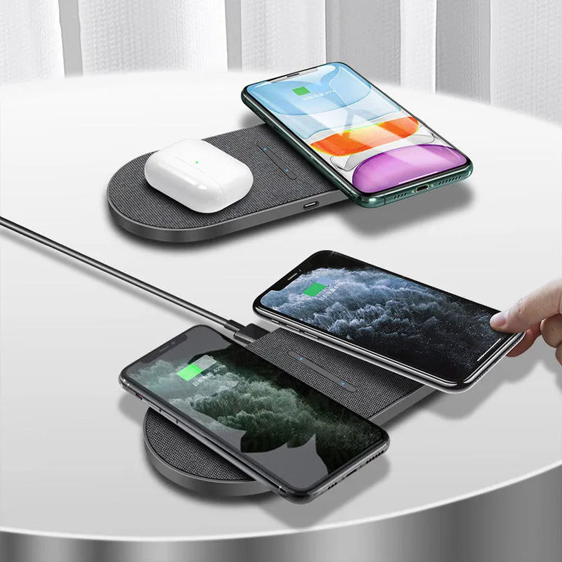 Black 10W wireless charging stand pair with Quick Charge technology and Type-C/USB interfaces
