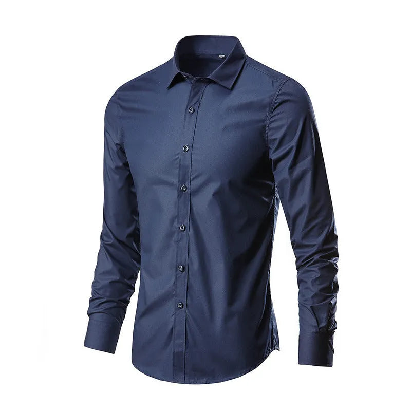 Men's slim fit long-sleeve linen shirt on a hanger, available in multiple colours and sizes up to 5XL.