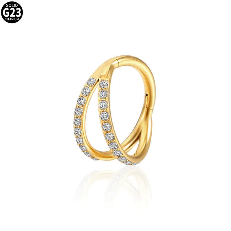 G23 titanium alloy lip ring nose ring with diamond treatment in steel or gold colour, showing puncture ring design
