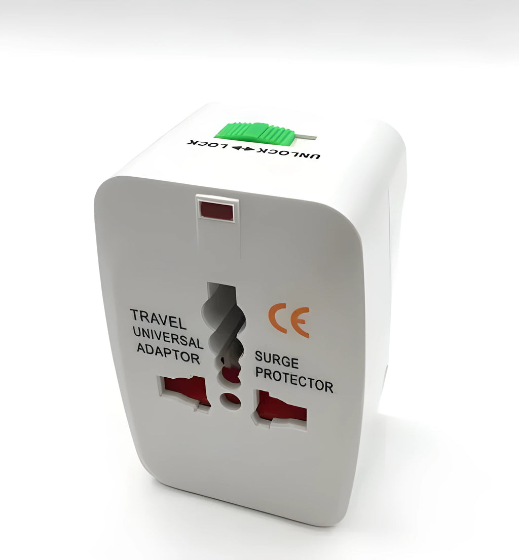 Universal travel plug adapter for multiple countries measuring 73x50x39mm