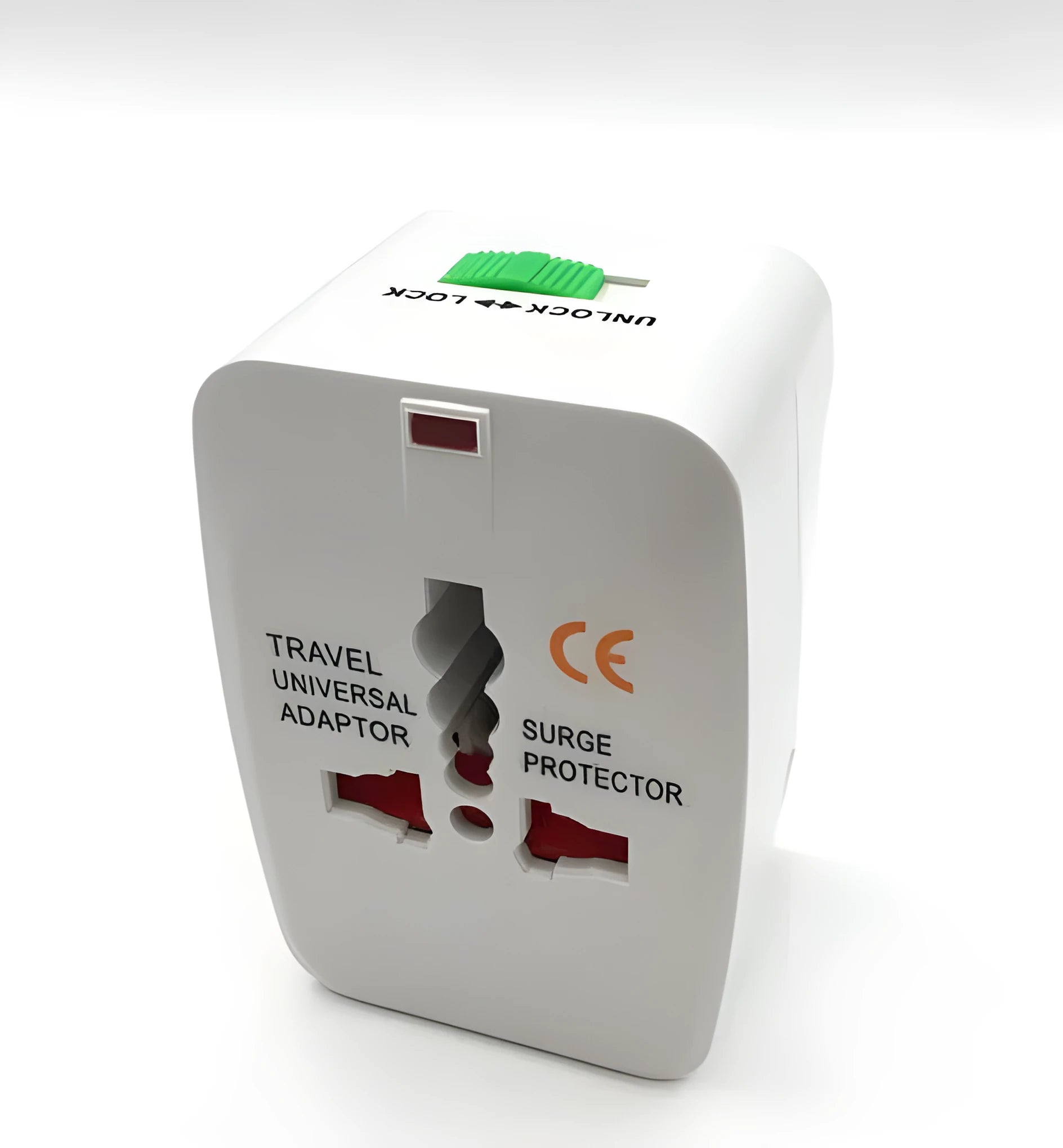 Universal travel plug adapter for multiple countries measuring 73x50x39mm