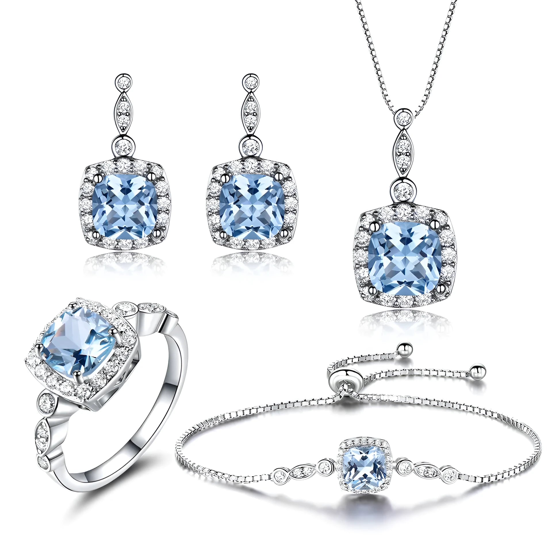 925 sterling silver jewellery set with sky blue topaz stones, including necklace, bracelet and earrings