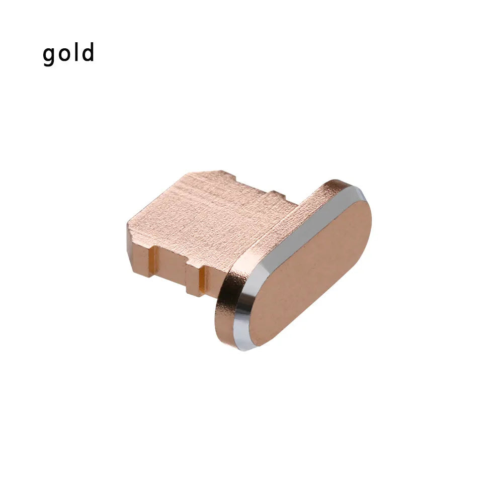 Aluminium alloy dust plug for iPhone charging port in various colours including gold, silver, blue, and rose gold.