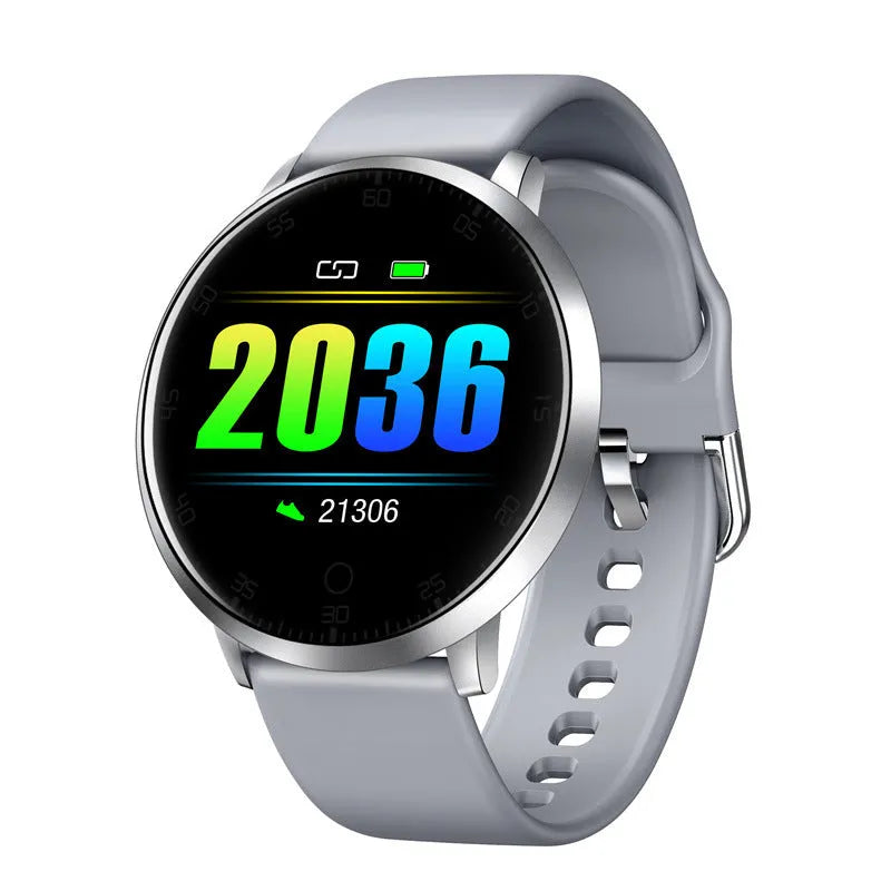 Ultra-thin waterproof smart health bracelet in silver with a silicone wrist strap and 1.3-inch screen.