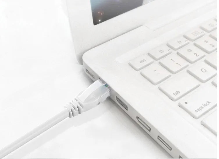 White Cat6 network cable with RJ-45 connectors for Ethernet data transfer