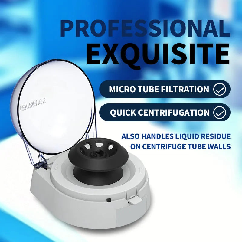 Small white benchtop mini centrifuge laboratory equipment with digital display