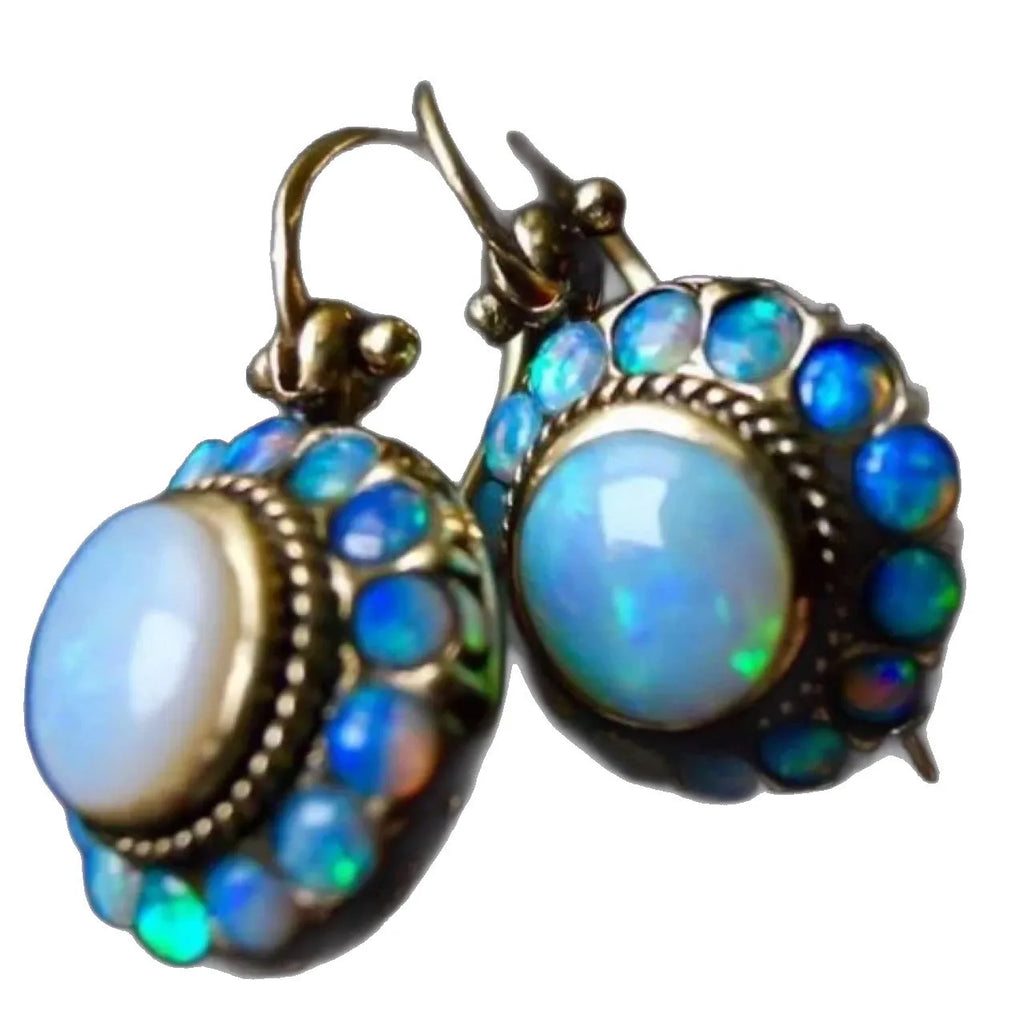 Retro exaggerated ethnic style earrings, geometric copper, gold colour, opal treatment