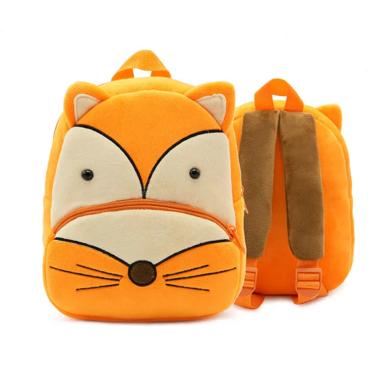 Plush animal backpack for children with zipper closure measuring 26x24x10cm