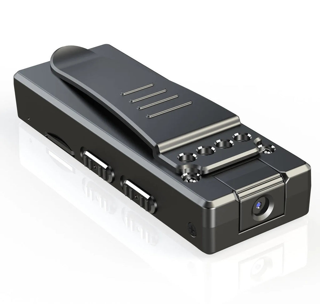 Black 1080p HD home camera with night vision and 90-degree rotation capability