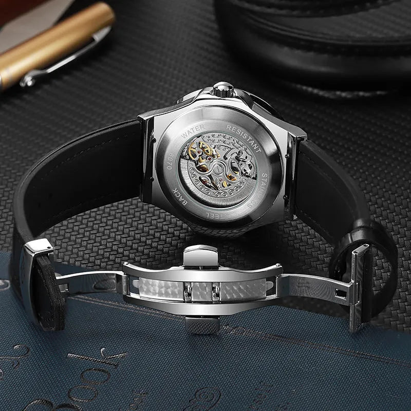 Men's automatic mechanical watch with diamond-studded bezel and skeleton movement visible through dial