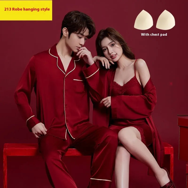 Matching red men's and women's pyjama set with long sleeves and trousers, wedding dowry sleepwear