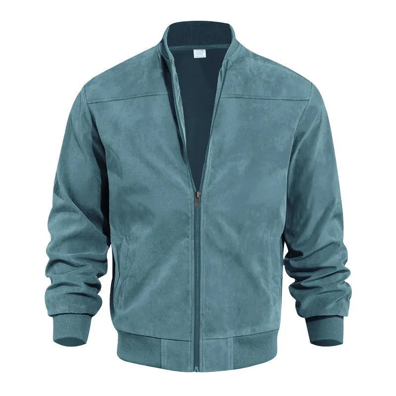 Men's casual retro long sleeve cardigan jacket in army green colour made from suede fabric with round hem