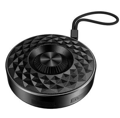 Compact mini Bluetooth wireless speaker shown in black, orange, and silvery white colour options.