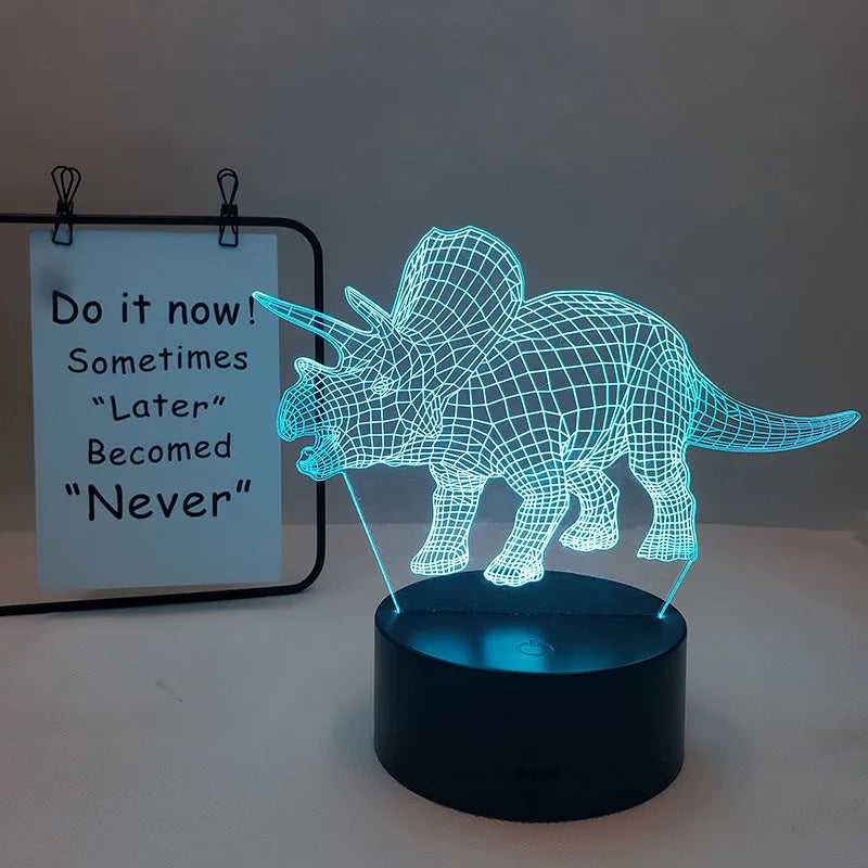Colourful cartoon dinosaur LED desk lamp with remote control and acrylic lampshade on a black base
