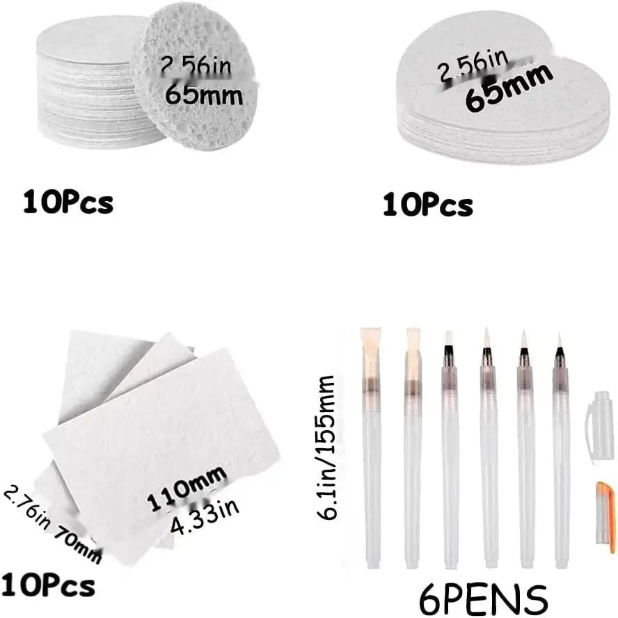 Cartoon wood pulp paper set with heart, round, and square shapes plus six fountain pens for artistic projects