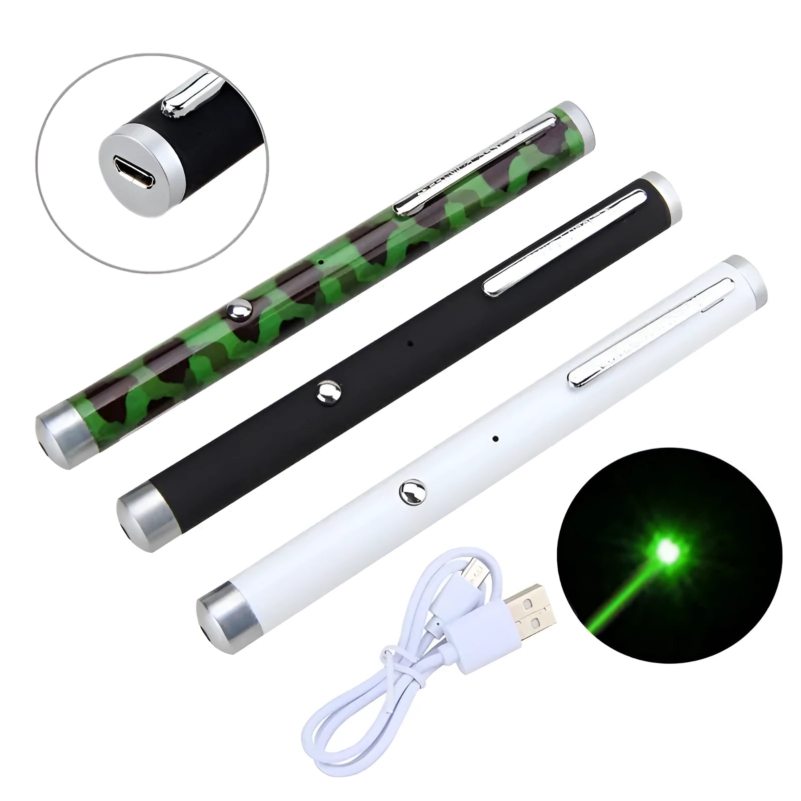 Three 5mW green laser pointer pens in black, camouflage, and white colours with visible beam demonstration