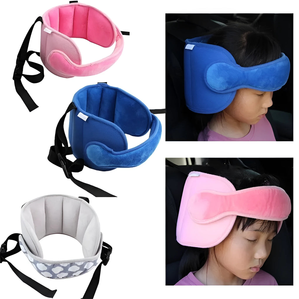 Child car seat head support in blue with hook and loop neck strap and rear waistband