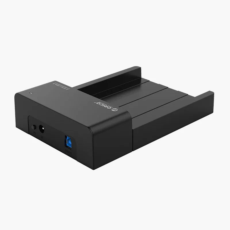 Black plastic external hard drive enclosure for 2.5 and 3.5 inch SATA drives with data cable