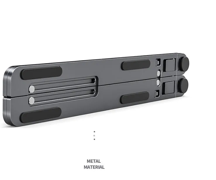 Portable aluminum laptop stand folded and unfolded, showing adjustable height and silver colour