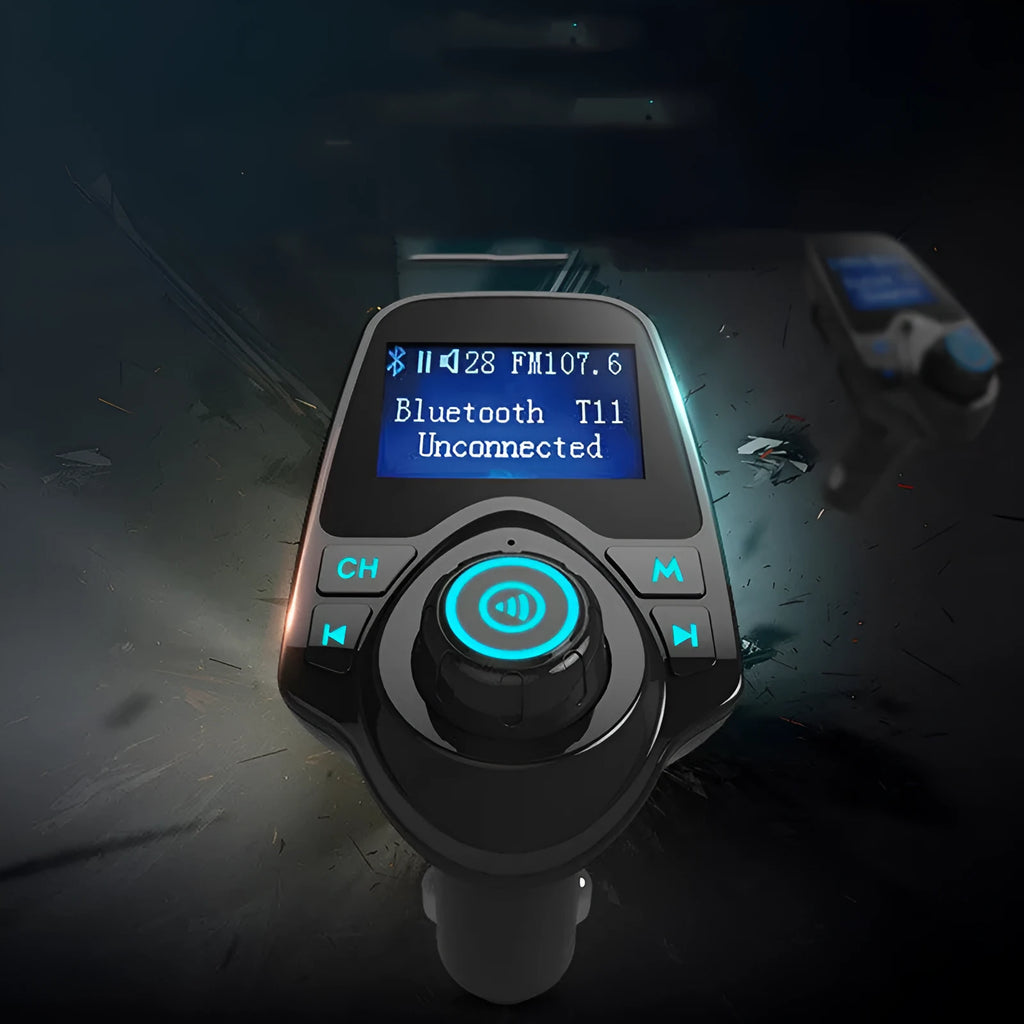 Black G7 car Bluetooth FM transmitter and hands-free kit with USB port and TF card slot.