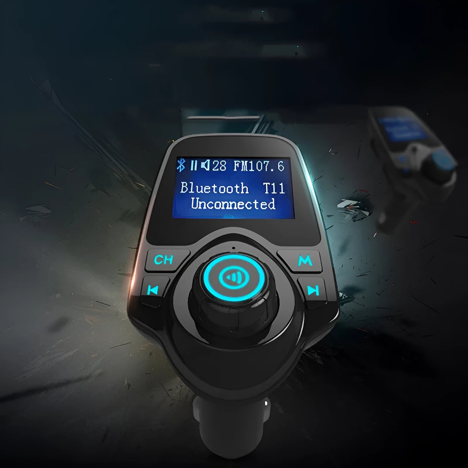 Black G7 car Bluetooth FM transmitter and hands-free kit with USB port and TF card slot.