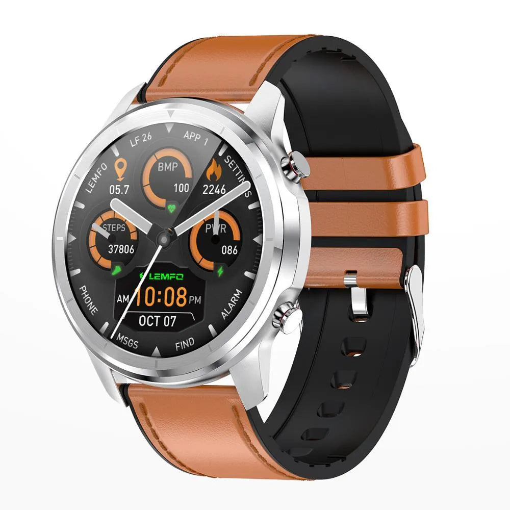 LEMFO LF26 smart bracelet on wrist showing 1.3-inch touchscreen display in silver finish.