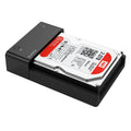 Black plastic external hard drive enclosure for 2.5 and 3.5 inch SATA drives with data cable