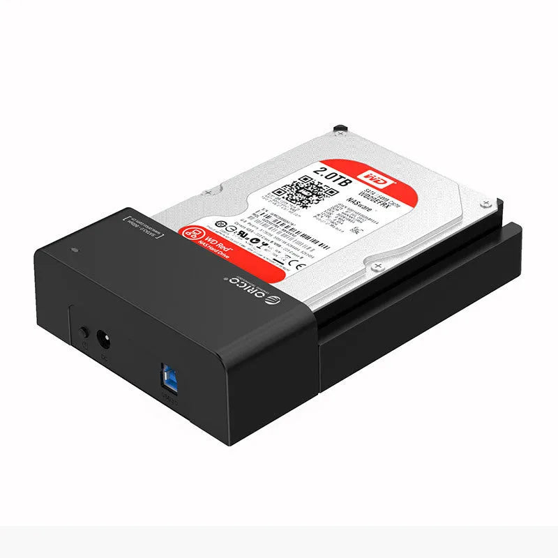 Black plastic external hard drive enclosure for 2.5 and 3.5 inch SATA drives with data cable