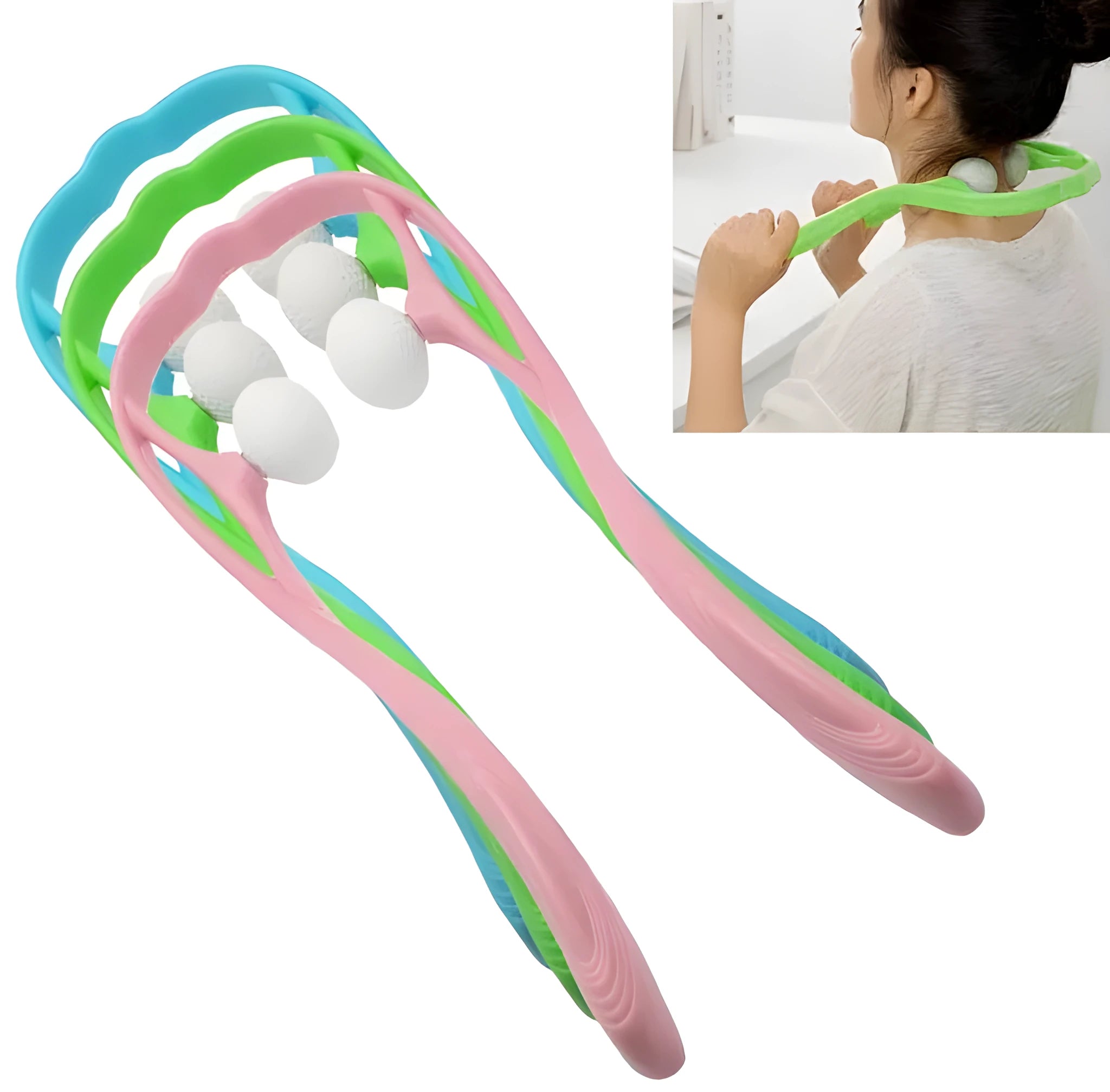 Plastic hand massage roller with adjustable width stand and 3D floating-point design for neck and shoulder pressure point therapy